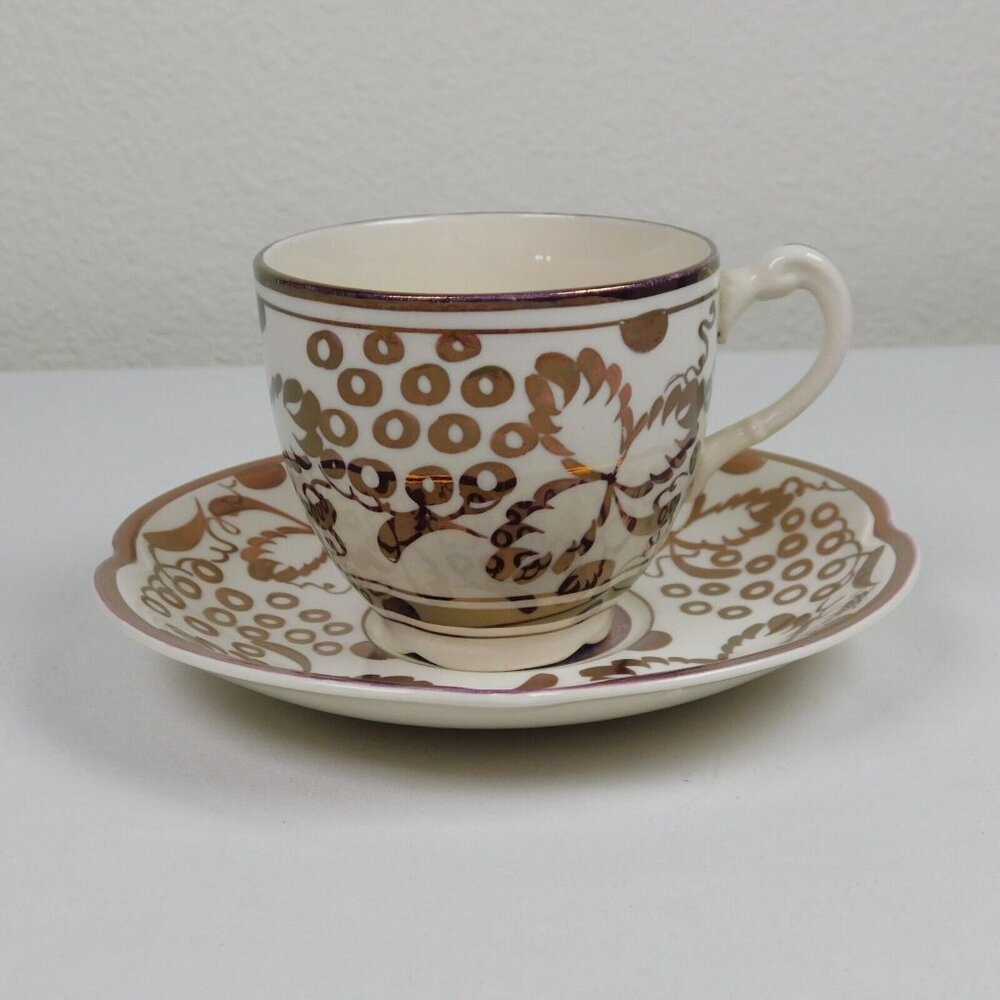 Grays Pottery Copper Luster Grapes Leaves Hand Painted Cup And Saucer Set FLAW